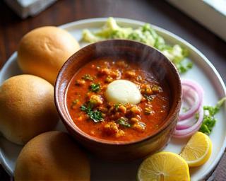 A plate of pav bhaji with buttered pav and chopped onion.